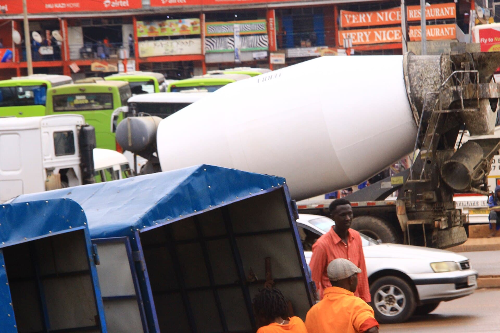 A ready-mix concrete mixer truck