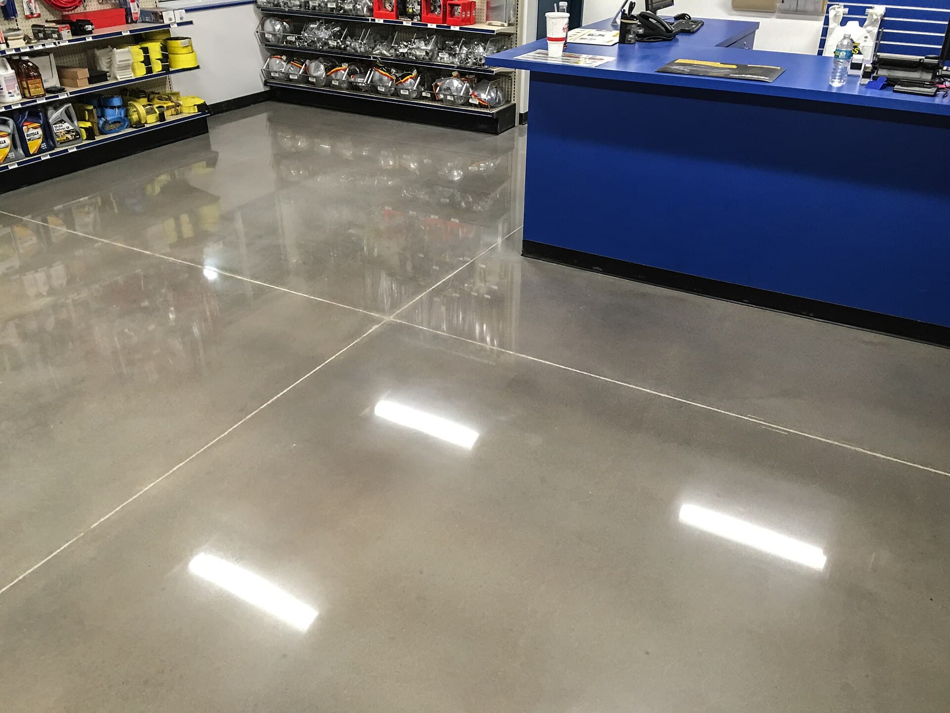A concrete floor polished to 1800 grit.